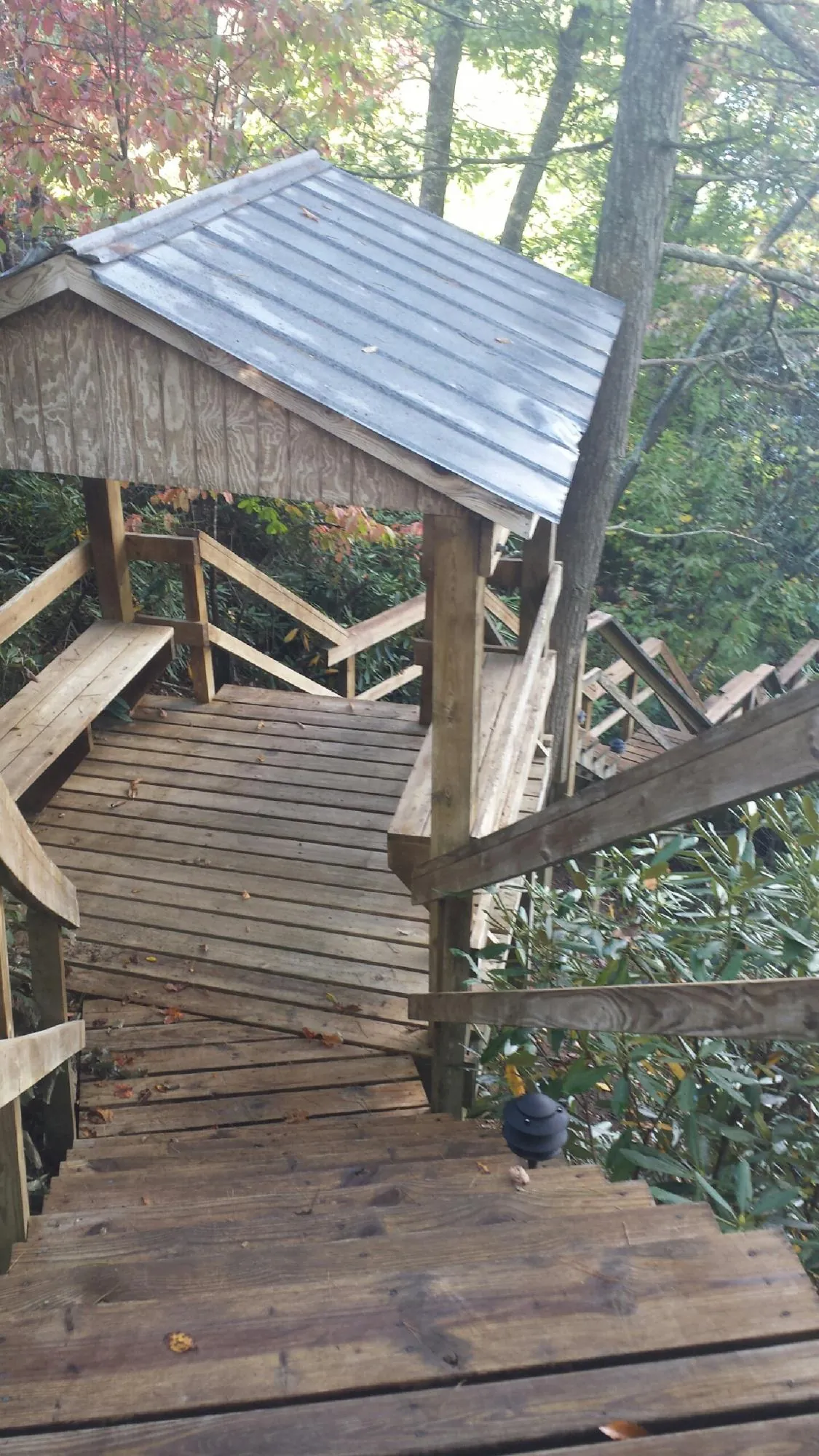 Metal roofed shelter over wooden steps on a wooded walkway — Skylight Repair & Installation work by our crew in Bridgeton